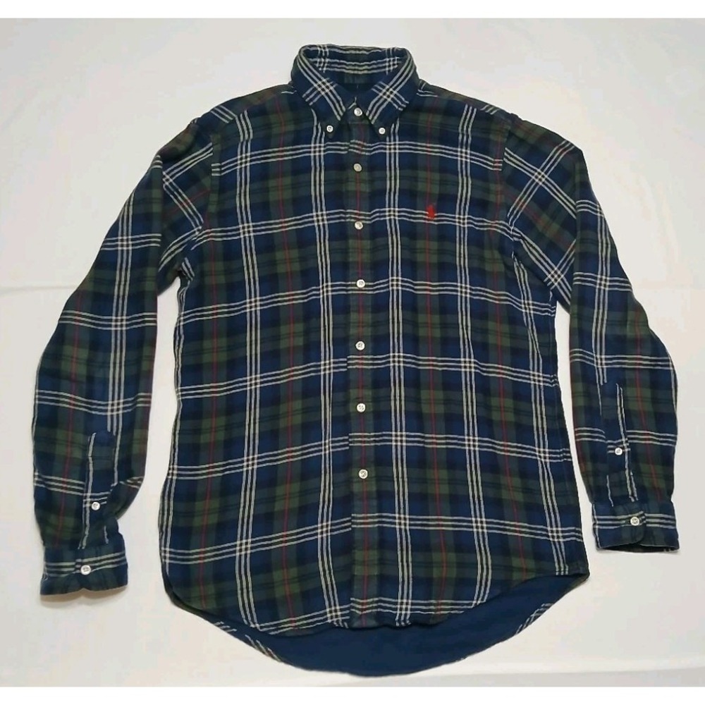 Polo Ralph Lauren Shirt Mens M Green Blue Tartan Plaid Cotton Lined Classic Fit - Picture 2 of 14